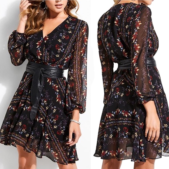 Guess Black Floral Faux Wrap Long Sleeve Mini Dress (no belt) - Picture 1 of 16